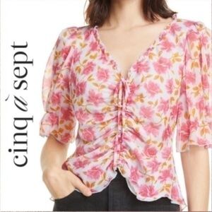 Cinq á Sept Blue Ruched Puff Sleeve Kimberly Top Ocean Mist Multi small NWT